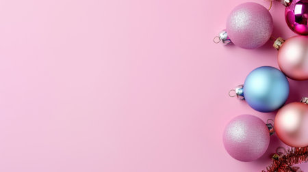 This image showcases an array of colorful Christmas ornaments on a soft pink background, perfect for creating a festive atmosphere in any holiday-themed project.の素材