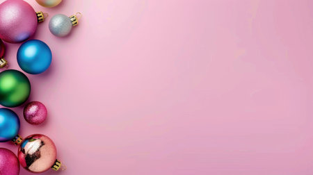 Vibrant and colorful Christmas ornaments arranged elegantly on a soft pink background, perfect for holiday decoration, festivities, and seasonal events.の素材