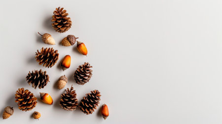 A creative arrangement of pine cones and acorns form a unique Christmas tree shape on a soft neutral background, perfect for seasonal decor.の素材