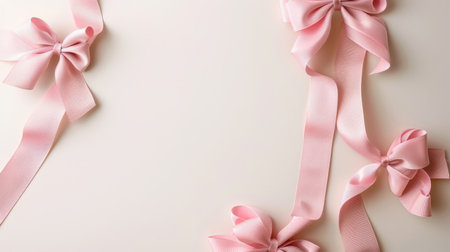 Delicate pink satin ribbons and bows arranged gracefully on a soft background, ideal for gift wrapping, crafting projects, and festive celebrations.の素材