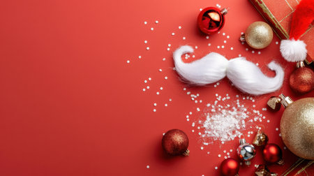 Explore a vibrant composition of whimsical holiday decorations featuring a fluffy mustache, colorful ornaments, and sparkling elements on a rich red backdrop.の素材