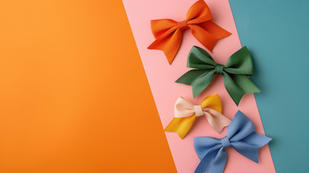 A collection of colorful decorative bows arranged on vibrant backgrounds, perfect for craft projects, gifts, or stylish accessories in festive settings.の素材