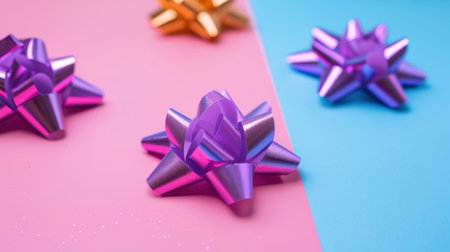 A vibrant collection of colorful gift bows in purple, pink, and gold resting on pastel surfaces, perfect for enhancing festive celebrations and special occasions.の素材