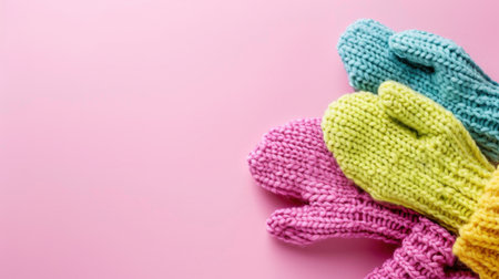 Bright pastel mittens in pink, yellow, and teal are beautifully arranged on a soft pink background, adding a cozy and cheerful touch to winter days.の素材