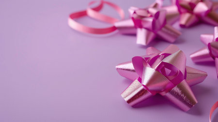A collection of decorative pink gift bows on a soft lavender background, perfect for adding charm to celebrations and special occasions. Ideal for enhancing gift presentation with flair.の素材