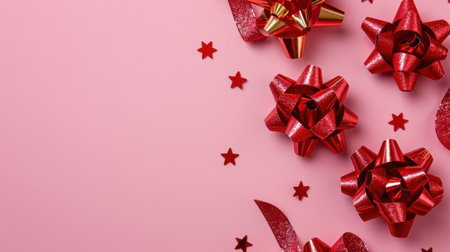 This image features an artistic arrangement of vibrant red gift bows and ribbons on a soft pink background, sprinkled with sparkling stars, perfect for festive occasions.の素材