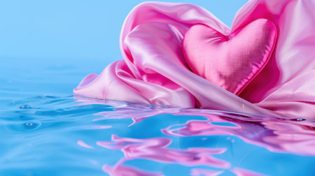 A soft pink heart-shaped pillow rests on a silky drape, gently floating on a tranquil water surface, creating a serene and romantic atmosphere.の素材