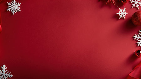 A vibrant red backdrop decorated with white snowflakes and holiday embellishments, creating a cheerful atmosphere perfect for Christmas and winter festivities.の素材