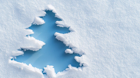A striking cutout of a Christmas tree shape reveals a bright blue background beneath a blanket of fresh white snow, creating a festive winter scene.の素材
