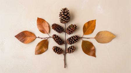 A stunning display of pine cones and colorful autumn leaves arranged artfully against a soft neutral background. Ideal for decor and craft inspiration.の素材