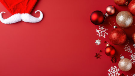 A vibrant arrangement of red and gold Christmas ornaments alongside a Santa hat on a bright red background, evoking holiday cheer and warmth.の素材