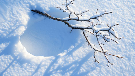 A serene winter landscape showcasing a snowy ground with a bare branch partially buried in the snow, casting delicate shadows across the surface.の素材