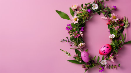 A beautiful colorful wreath made with flowers and decorated eggs on a soft pink background, perfect for Easter and spring celebrations, showcasing festive elements.の素材
