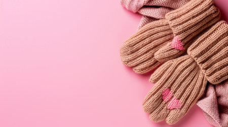 Cozy knitted gloves and a matching scarf in soft pink hues feature charming heart designs, perfect for winter fashion and seasonal accessories.の素材