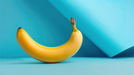 A bright yellow banana positioned artfully on a soft blue background creates a stunning visual contrast, ideal for food photography and culinary themes.の素材