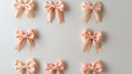 This image showcases a beautiful arrangement of soft pink ribbons tied in bows, perfect for various crafting and decorative projects. The light background enhances the subtle elegance of the bows, making this an ideal choice for anyone looking to add a touch of charm to their creations.の素材