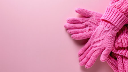 This image features a beautiful arrangement of cozy pink knitted gloves and a sweater on a soft pink background, perfect for winter warmth and fashion.の素材
