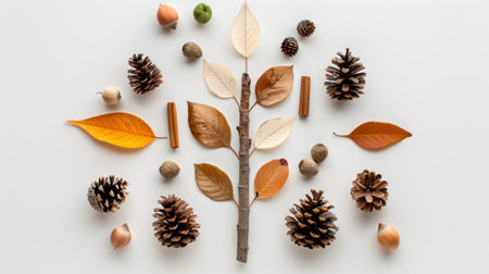 This flat lay showcases an artistic arrangement of autumn leaves, pinecones, and natural elements, perfect for seasonal decor and design projects.の素材