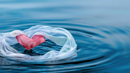 A striking heart shape emerges from sheer fabric, floating gently on serene water, creating a calming visual experience that evokes romance and tranquility.の素材