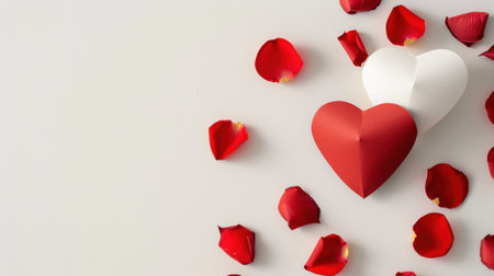 Two paper hearts, one red and one white, are placed amidst vibrant rose petals against a soft background, symbolizing romance and affection.の素材