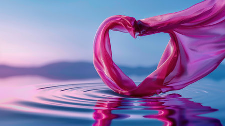 A delicate pink fabric creates a heart shape above the tranquil water surface, reflecting the soft hues of sunset, evoking feelings of love and serenity.の素材