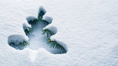 A serene winter scene features fresh snow blanketing evergreen branches, creating a tranquil atmosphere perfect for seasonal holiday imagery.の素材