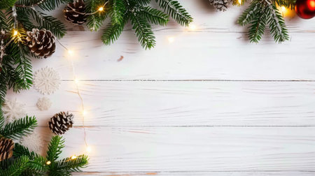 A beautiful arrangement of pine cones, fairy lights, and snowflakes set against a rustic wooden background, perfect for festive holiday themes.の素材