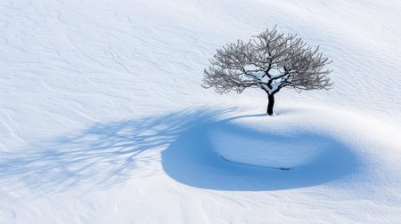 A striking winter landscape showcases a singular tree standing amidst a vast expanse of snow. The intricate shadows cast by the tree add depth to the serene scene, evoking feelings of solitude and tranquility.の素材