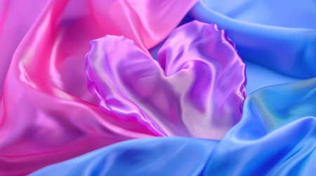 A stunning close-up of a heart-shaped design set against colorful fabric drapery. The soft textures and elegant layers create a visually captivating image perfect for themes of love and beauty.の素材