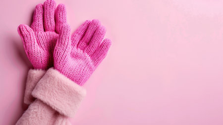 A pair of pink knitted gloves rests atop a fluffy pink coat against a pastel background, embodying warmth and style in winter fashion.の素材