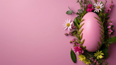 A charming pink Easter egg is elegantly placed among a variety of colorful flowers and greenery, set against a soft pink background, capturing the essence of spring.の素材