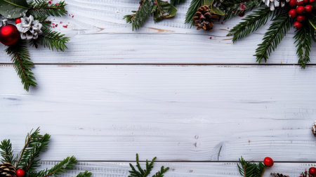 This beautifully arranged flat lay features pine branches, festive ornaments, and cones on a rustic wooden background, perfect for holiday celebrations.の素材