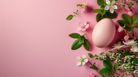 A soft pink egg rests among a variety of fresh spring flowers and green leaves, creating a serene and delicate arrangement on a pastel background.の素材