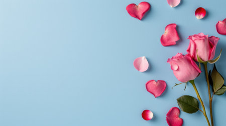 This beautiful image features fresh pink roses surrounded by delicate rose petals on a soft blue background, perfect for conveying romantic emotions and elegance.の素材