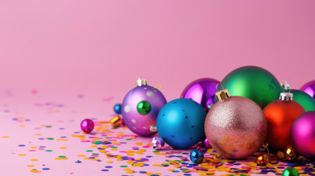 A vibrant arrangement of colorful Christmas ornaments rests on a soft pink background scattered with confetti, creating a joyful festive atmosphere.の素材