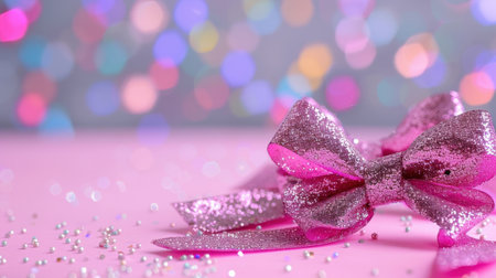 A beautiful pink glitter bow rests on a soft surface, surrounded by a vibrant bokeh background. This eye-catching decoration is perfect for festive celebrations and adds a joyful touch to any event.の素材