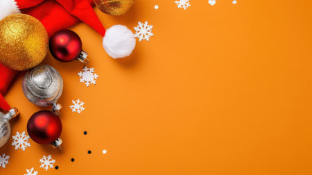 This vibrant image features colorful Christmas decorations, including glittering ornaments and playful Santa hats set against a bright orange background.の素材