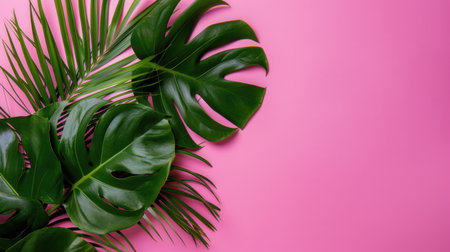 Fresh tropical greenery featuring lush leaves against a vibrant pink background, perfect for modern design projects, creative ideas, and stylish decorations.の素材