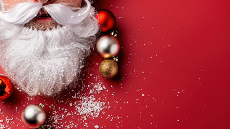 A charming close-up of a Santa Claus beard adorned with colorful Christmas ornaments and a sprinkle of snow, perfect for holiday-themed designs.の素材