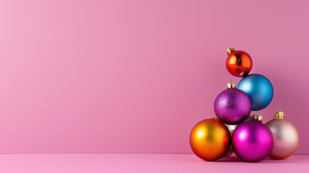 A delightful arrangement of colorful Christmas ornaments rests against a soft pink background, evoking a festive spirit and warmth for holiday celebrations.の素材