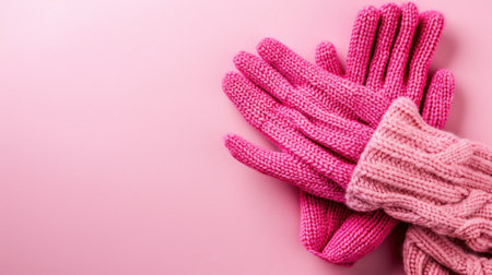 A beautiful arrangement of cozy pink knitted gloves on a soft pink background, perfect for winter fashion and stylish seasonal accessories.の素材