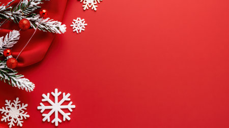 A vibrant red backdrop showcases festive Christmas decorations with snowflakes and ornaments, creating a joyful holiday atmosphere perfect for celebrations.の素材