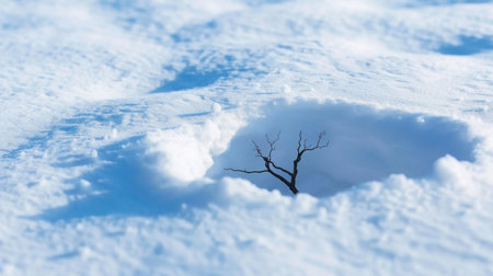 A solitary branch rises from a smooth expanse of snow, capturing the essence of winter's beauty and tranquility in a minimalist landscape.の素材