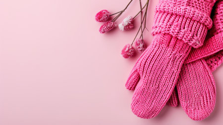 A charming arrangement of cozy pink knitted mittens alongside delicate floral accents, set against a soft pink background, perfect for winter fashion.の素材
