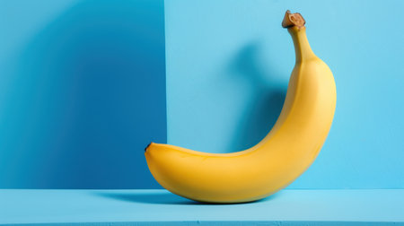 A vibrant yellow banana rests on a turquoise blue background, creating a striking visual contrast that emphasizes freshness and simplicity, perfect for modern culinary themes.の素材