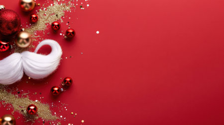 A vibrant red backdrop featuring an artistic arrangement of festive decorations, including shiny red and gold ornaments, sparkling glitter, and a whimsical white mustache, perfect for holiday inspiration.の素材