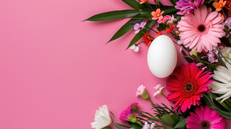This image features a pristine white egg nestled among a variety of colorful flowers on a soft pink backdrop, ideal for spring themes and celebrations.の素材