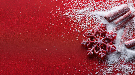A vibrant red background featuring a delicate snowflake decoration and aromatic cinnamon sticks creates a warm, festive atmosphere for winter celebrations.の素材