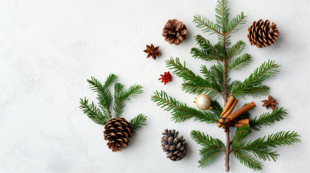 A beautiful arrangement featuring pine cones, green evergreen branches, cinnamon sticks, and star anise on a light textured background, ideal for holiday themes.の素材