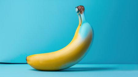 This imaginative image features a banana against a vivid blue background, showcasing creativity in food photography. Ideal for artistic and culinary projects.の素材